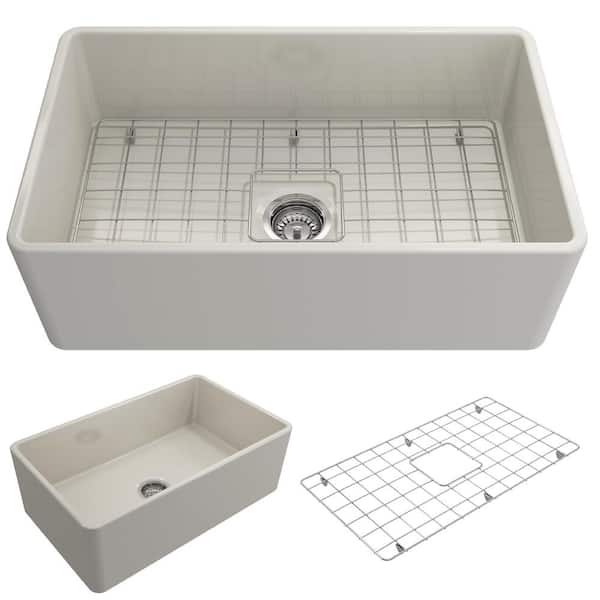 BOCCHI Classico Farmhouse Apron Front Fireclay 30 in. Single Bowl Kitchen Sink with Bottom Grid and Strainer in Biscuit