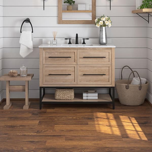 Home Decorators Collection Corley 42 in. W x 19 in. D x 34 in. H Single Sink Bath Vanity in Weathered Tan with White Engineered Stone Top