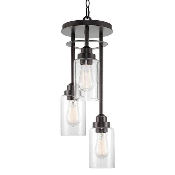 Kira Home Connelly 60-Watt 3-Light Oil-Rubbed Bronze Traditional Pendant Light with Seeded Shade, No Bulb Included