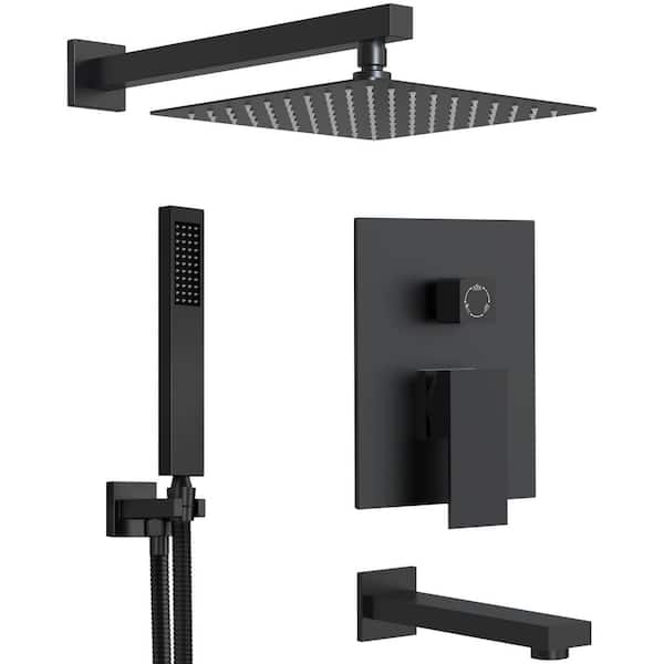 GRANDJOY Pressure Balance Single Handle 3-Spray Wall Mount 10 in. Tub and Shower Faucet 2.5 GPM in. Matte Black Valve Included