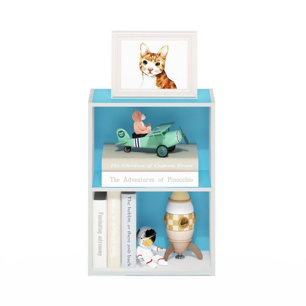 White and Light Blue Stackable Kids Bookcase with Open Shelves