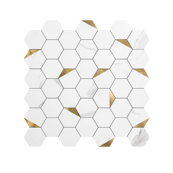 Art3d Hexagon Mosaic Tiles Gold Studded Design 12.5 in. x 12.1 in. PVC Peel and Stick Tile Backsplash (10 sq. ft./Pack)