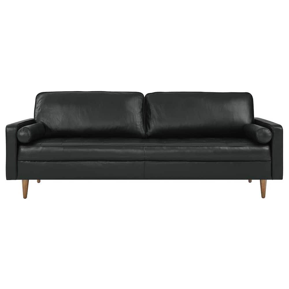 Luxurious 88" Black Leather Tufted Sofa with Walnut Wood Legs and Ottoman