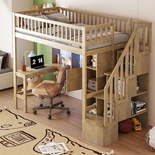 Walnut Wood Twin Size Loft Bed with Built-in Desk, LED, Storage Shelves, Cabinets and Staircase