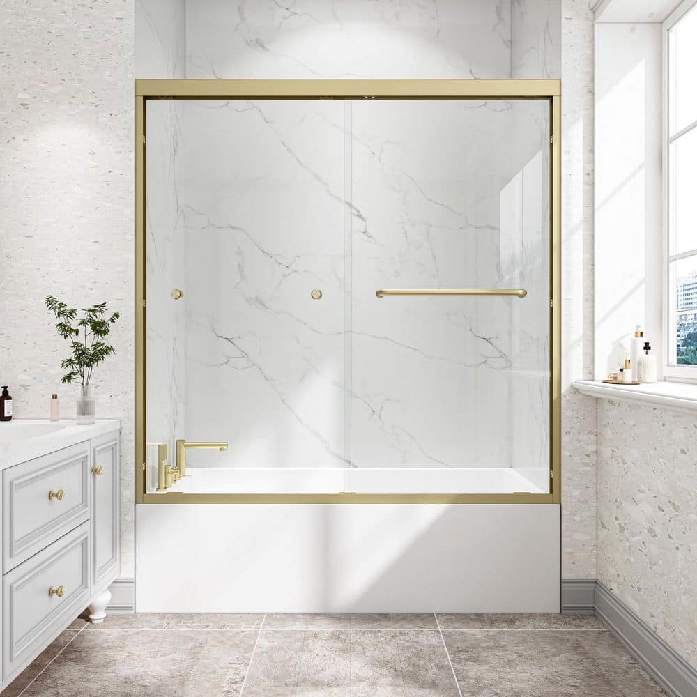 60 in. W x 60 in. H Double Sliding Aluminium Framed Shower Door in Brushed Gold with 1/4 in. Tempered Glass, Reversible price history on PriceWatchPro