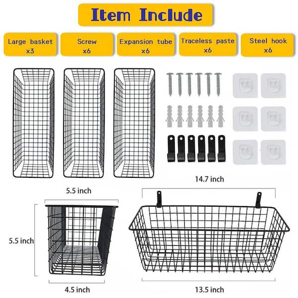 3 Grids Wall Hanging Basket Organizer, Kitchen Small Hanging Basket Metal Wire Basket, Wall Mount Fruit Storage Basket For Countertop, Pantry, Home