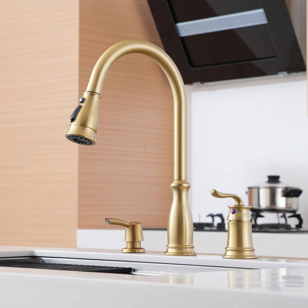 Brushed Gold Stainless Steel Pull Down Kitchen Faucet with Soap Dispenser