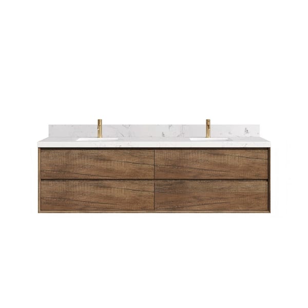 Bessdore 84 in. Double Sinks Floating Vintage Oak Brown Bath Vanity with White Engineered Stone Top