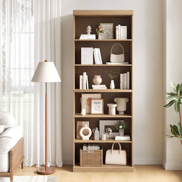 82 in. Tall Natural Wood 6-shelf Standard Bookcase with Adjustable Shelves