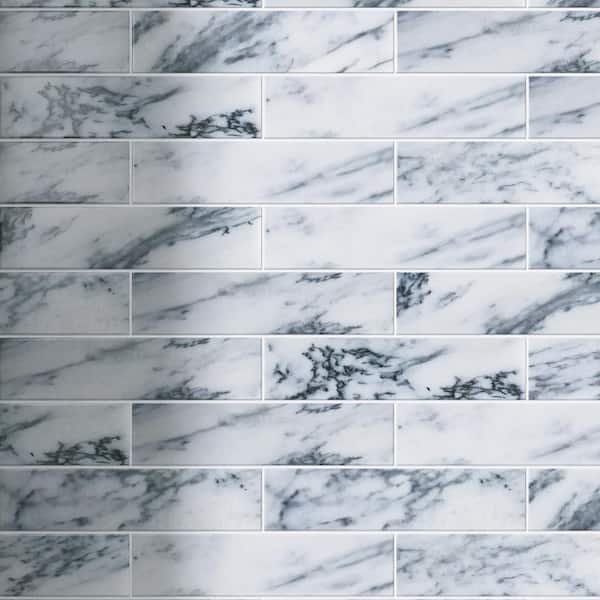 MOLOVO Natural White and Blue 1.89 in. x 7.8 Subway Polished Marble Tile Sample
