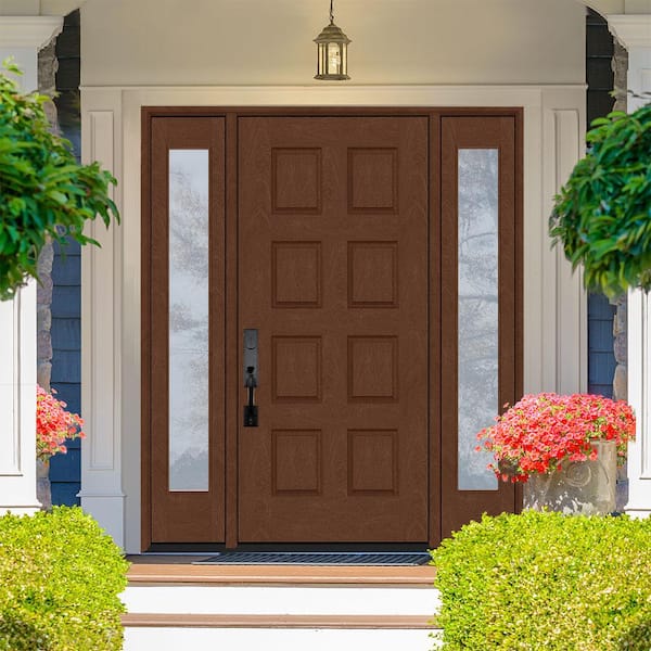 Regency 74 in. x 80 in. 8-Panel RHIS Chestnut Stain Mahogany Fiberglass Prehung Front Door w/Dbl 14 in. Sidelites
