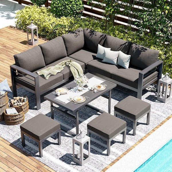 7-Piece Aluminum Outdoor Sectional Set with Gray Cushions, Patio Conversation Sofa Set for Garden, Backyard and Poolside