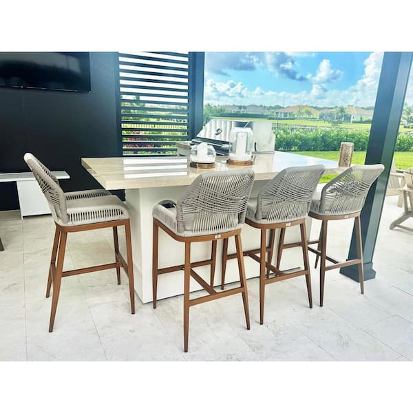 Modern Aluminum Twill Wicker Woven Bar Height Outdoor Bar Stool with Back and Cushion (4-Pack)