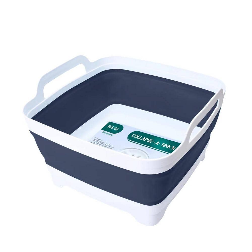 2.4 Gal Navy Blue Collapsible Dish Rack Basin with Drain Plug