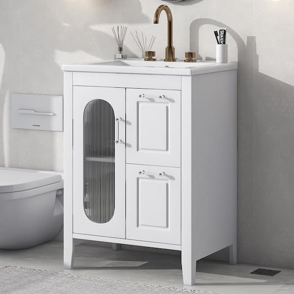 24 in W x 18.3 in. D x 33.2 in H Single Sink Freestanding White Bath Vanity with White Ceramic Top and Adjustable Shelf