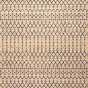 Ourika Moroccan Geometric Textured Weave Beige/Navy 5 ft. Square Indoor/Outdoor Area Rug