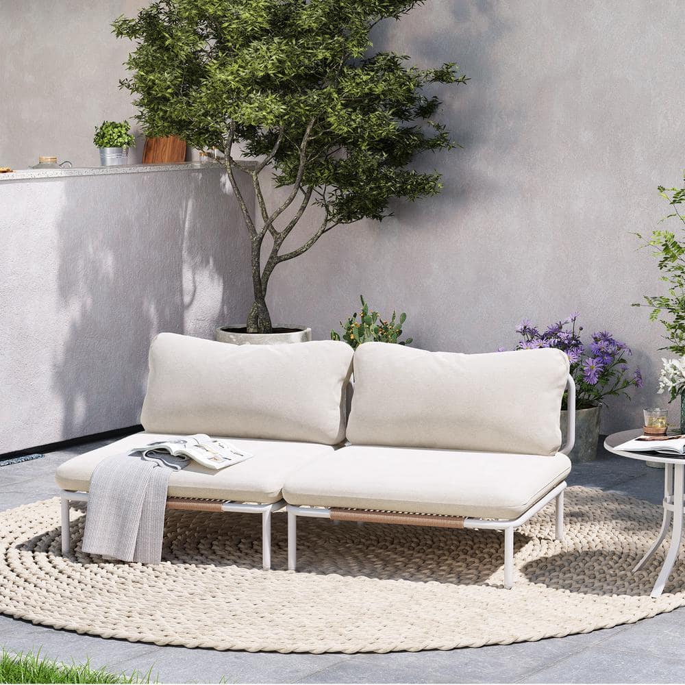 2-Piece Metal Outdoor Sectional Set with Beige Cushions and Removable Armrests Corner Chair Sofa Set for Patio Furniture