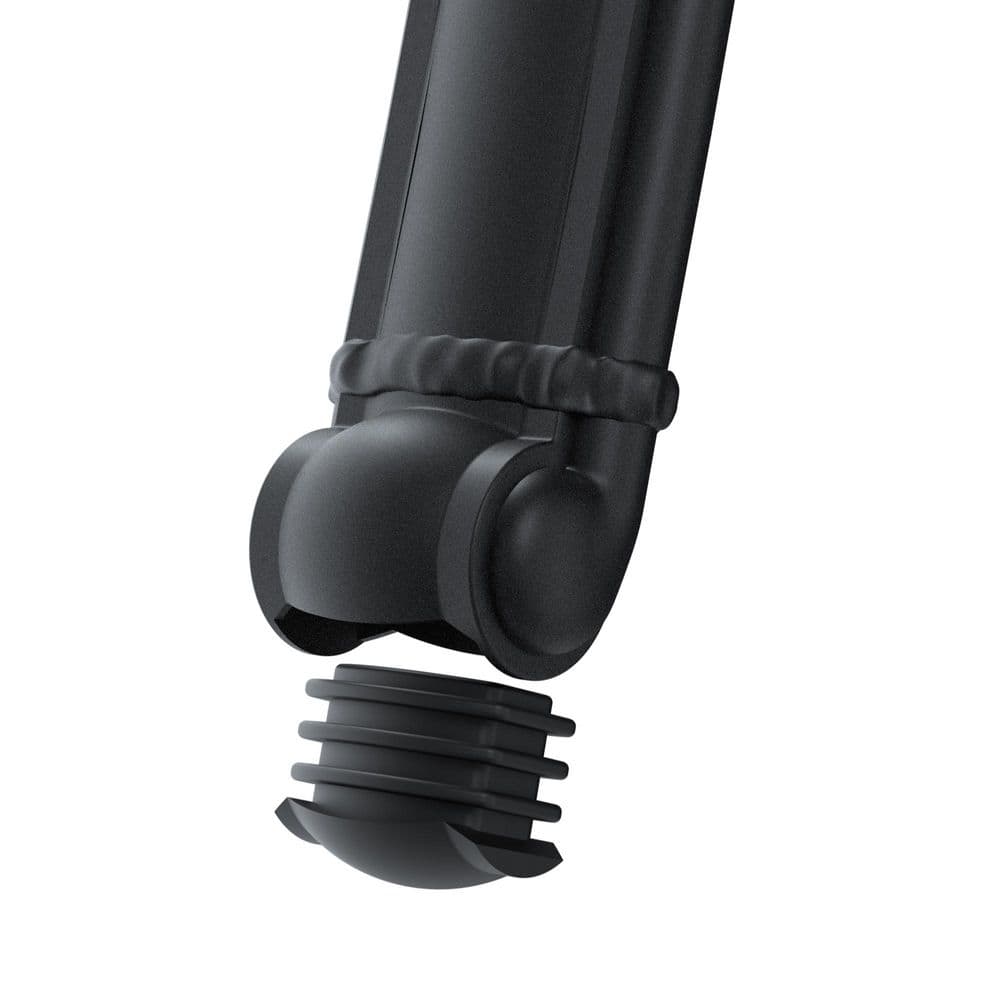 Close-up of a black aluminum chair leg with a removable plastic foot cap.