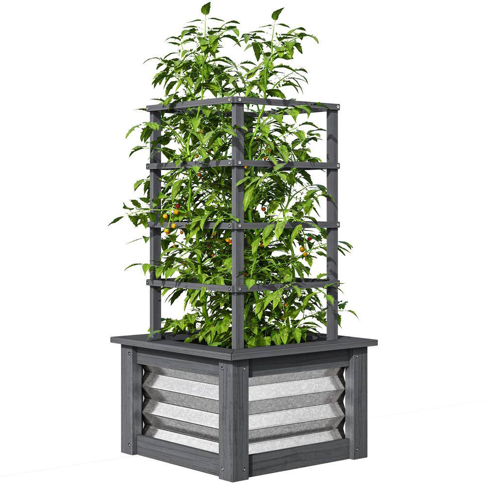 17.7 in. Galvanized Steel Outdoor Planter with Trellis Wooden Planter Box (