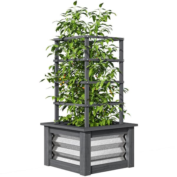 17.7 in. Galvanized Steel Outdoor Planter with Trellis Wooden Planter Box (1-Pack)