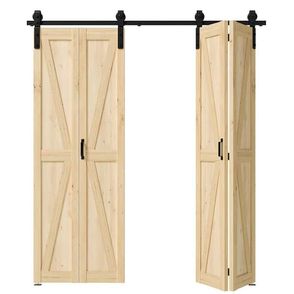 48 in. x 84 in. K-Shape Pine Wood Bi-Fold Barn Door Slab with Sliding Hardware Kit Set, Pantry Door