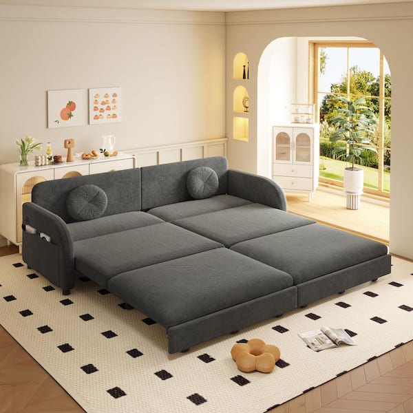 3-in-1 Convertible 81.1 in. Gray Chenille King Size Pull-out Sleeper Sofa Bed with Side Pockets, USB Port, 2-Pillows