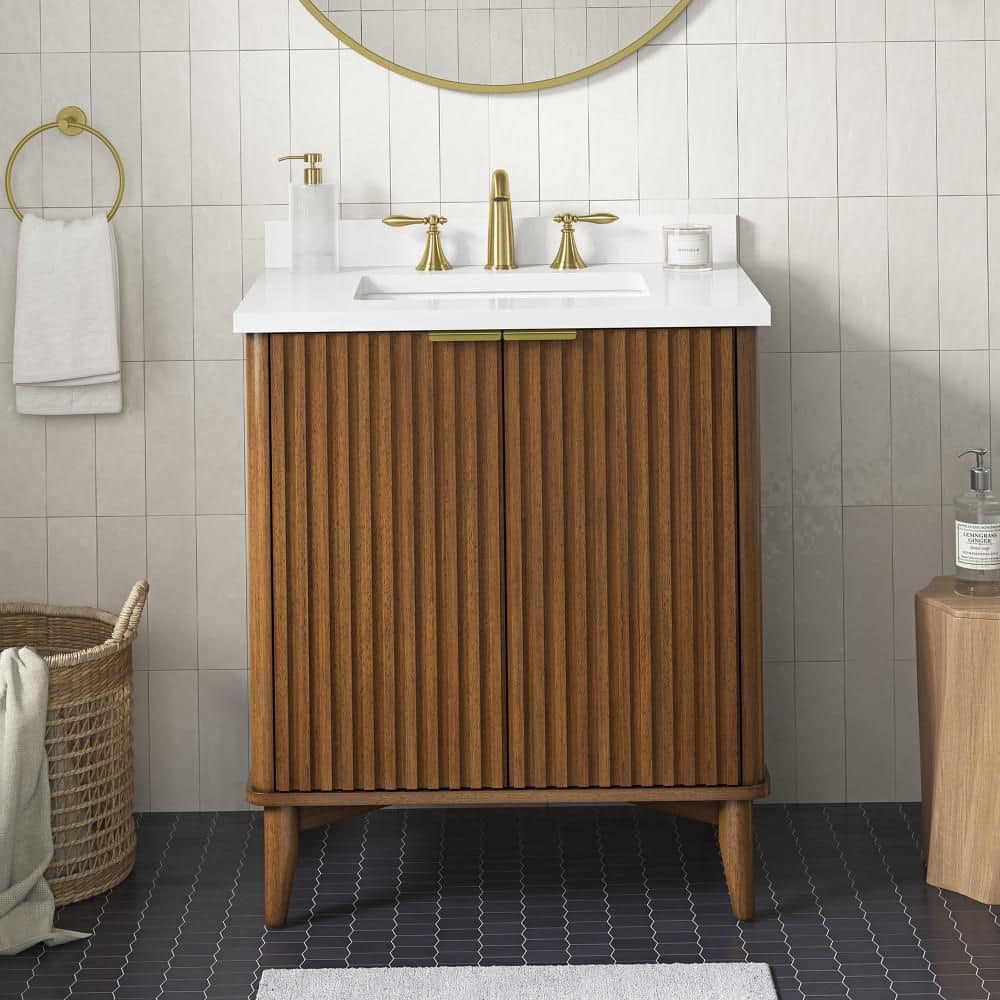 Gabi 30 in. W Freestanding Warm Walnut Bath Vanity with White Engineered Stone Top price history on PriceWatchPro