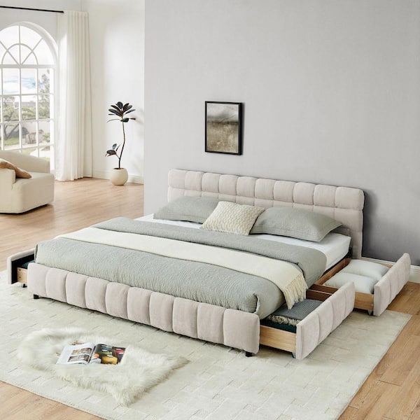 Modern Beige Wood Frame King Chenille Upholstered Platform Bed with Headboard and 4 Drawers