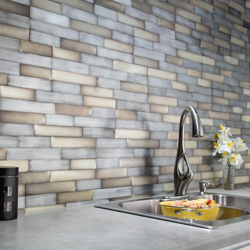 Gilded Silver Distressed Metal Peel & Stick Backsplash Panels
