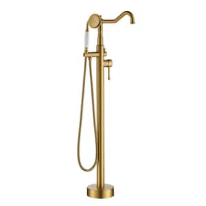 Classic Vintage Floor Mount 2-Handle Freestanding Tub Faucet with Hand Shower and Water Supply Hoses in. Brushed Brass