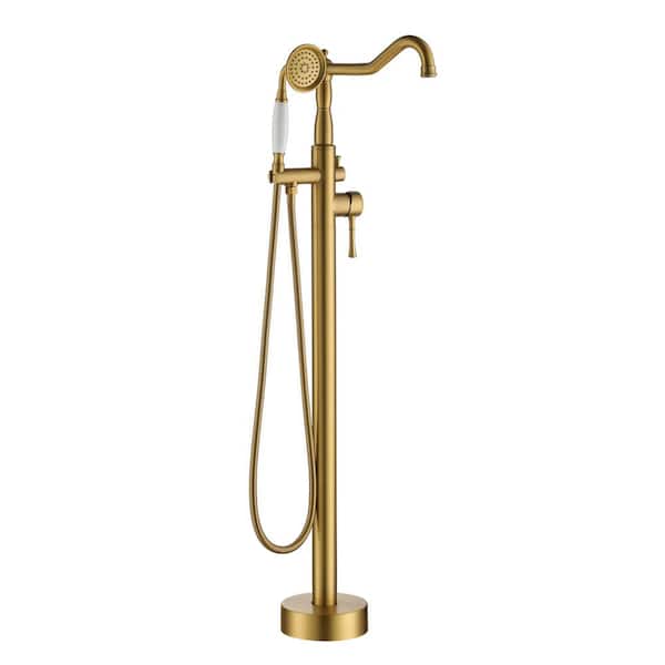 Boyel Living Classic Vintage Floor Mount 2-Handle Freestanding Tub Faucet with Hand Shower and Water Supply Hoses in. Brushed Brass