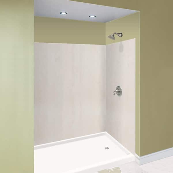 Expressions 48 in. x 60 in. x 72 in. 3-Piece Easy Up Adhesive Alcove Shower Wall Surround in Bleached Oak