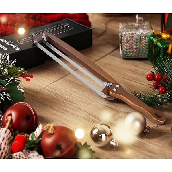 11.6 in Adjustable Walnut Handle Stainless Steel Bread Knife w/ Thickness Guide Ergonomic Ambidextrous Use Partial Tang