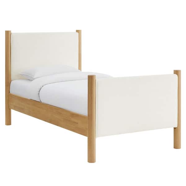 MODWAY Maven Feather Walnut White Wood Frame Twin Size Platform Bed with Upholstered Boucle Headboard and Footboard
