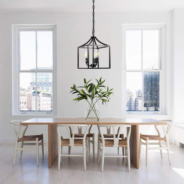 3-Light Matte Black Geometric Cage Chandelier Pendant Lantern, Modern Industrial Hanging Light for Kitchen Island