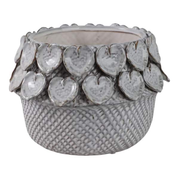 White Ceramic Leaf Applique Woven Decorative Planter (10.25 in. W x 7 in. H)