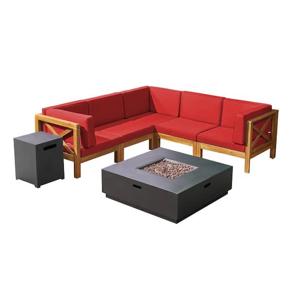 Noble House Culatra Teak Brown 7-Piece Wood Patio Fire Pit Sectional Seating Set with Red Cushions