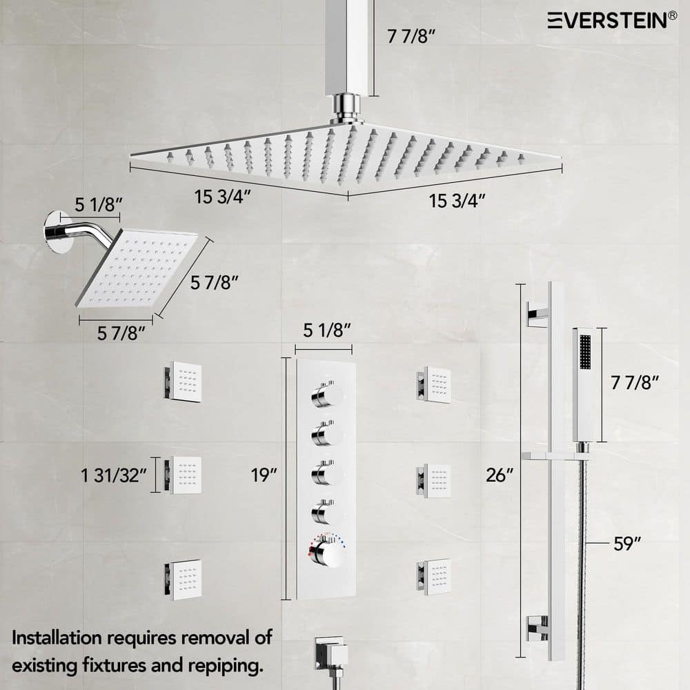 Chrome Dual Rainfall Shower System with Body Jets and Handheld