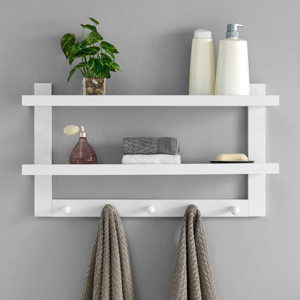 White MDF Two-Tier Floating Wall Shelf with Hooks