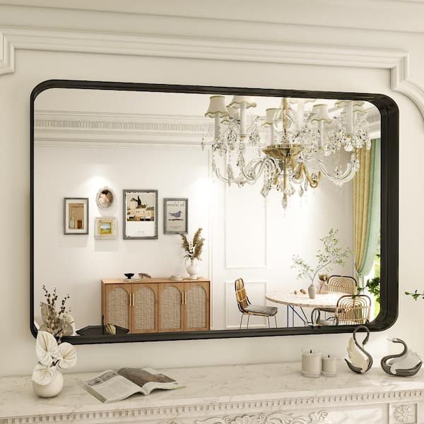 XRAMFY 29.5 in. W x 48 in. H Rectangular Modern Aluminum Deep Framed Rounded Black Wall Mirror