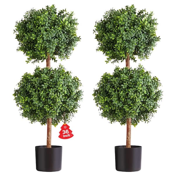 3 ft. Artificial Topiary Double Ball Set, Faux Boxwood Plants, Realistic-Looking Silk Trees, Easy to Assemble