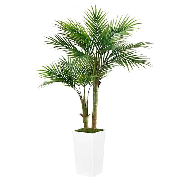 Unbranded 5 ft. Faux Plant Indoor Outdoor Artificial Palm Tree in White square Planter with 18 leaves square flowerpot