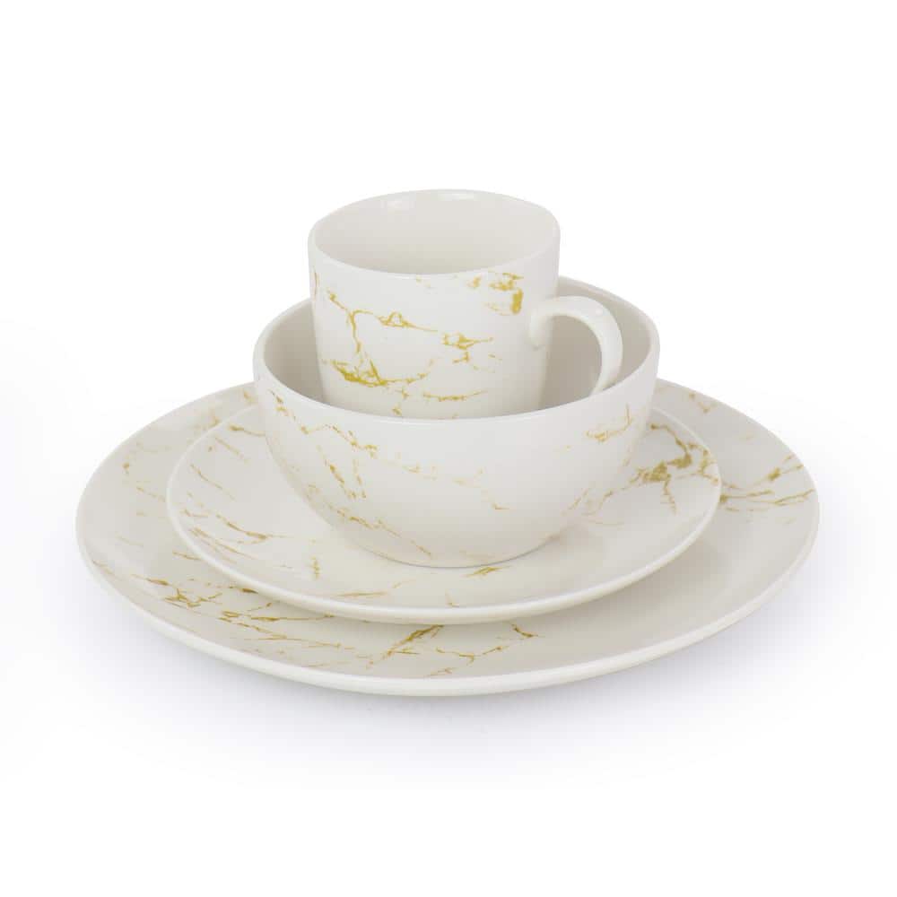 White and Gold Marble Ceramic Dinnerware Set, Service for 4