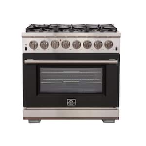 Capriasca 36 in. 5.36 cu. ft. Gas Range with 6 Burners and Electric 240-Volt Oven in. Stainless Steel with Black Door