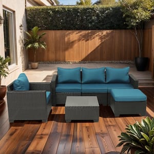Dark Coffee 6-Piece Wicker Outdoor Sectional Set with Peacock Blue Cushions and Coffee Table