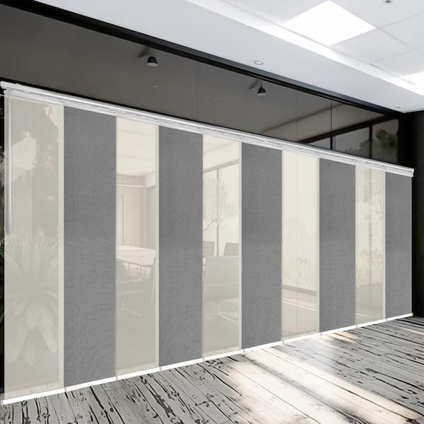 EMOH Seersucker 120 in. - 218 in. W x 94 in. L Adjustable 10-Panel White Double Rail Panel Track with 23.5 in. Slates