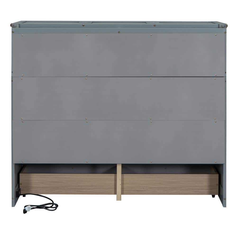 Gray Pine Full Size Murphy Bed with Large Drawer and USB Ports