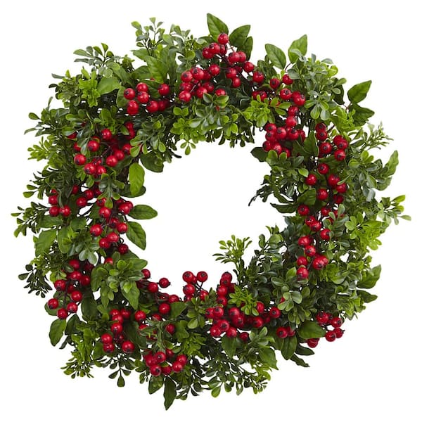 Nearly Natural Indoor 24 in. Artificial Berry Boxwood Wreath