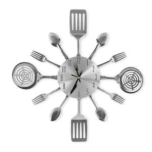 16 in. Silver Analog Cutlery Kitchen Wall Clock with Fork and Spoon Dial, Silent Clock Movement and Battery Operated