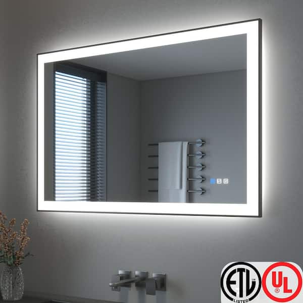 TOOLKISS 48 in. W x 32 in. H Rectangular Framed LED Anti-Fog Wall Bathroom Vanity Mirror in Black with Backlit and Front Light